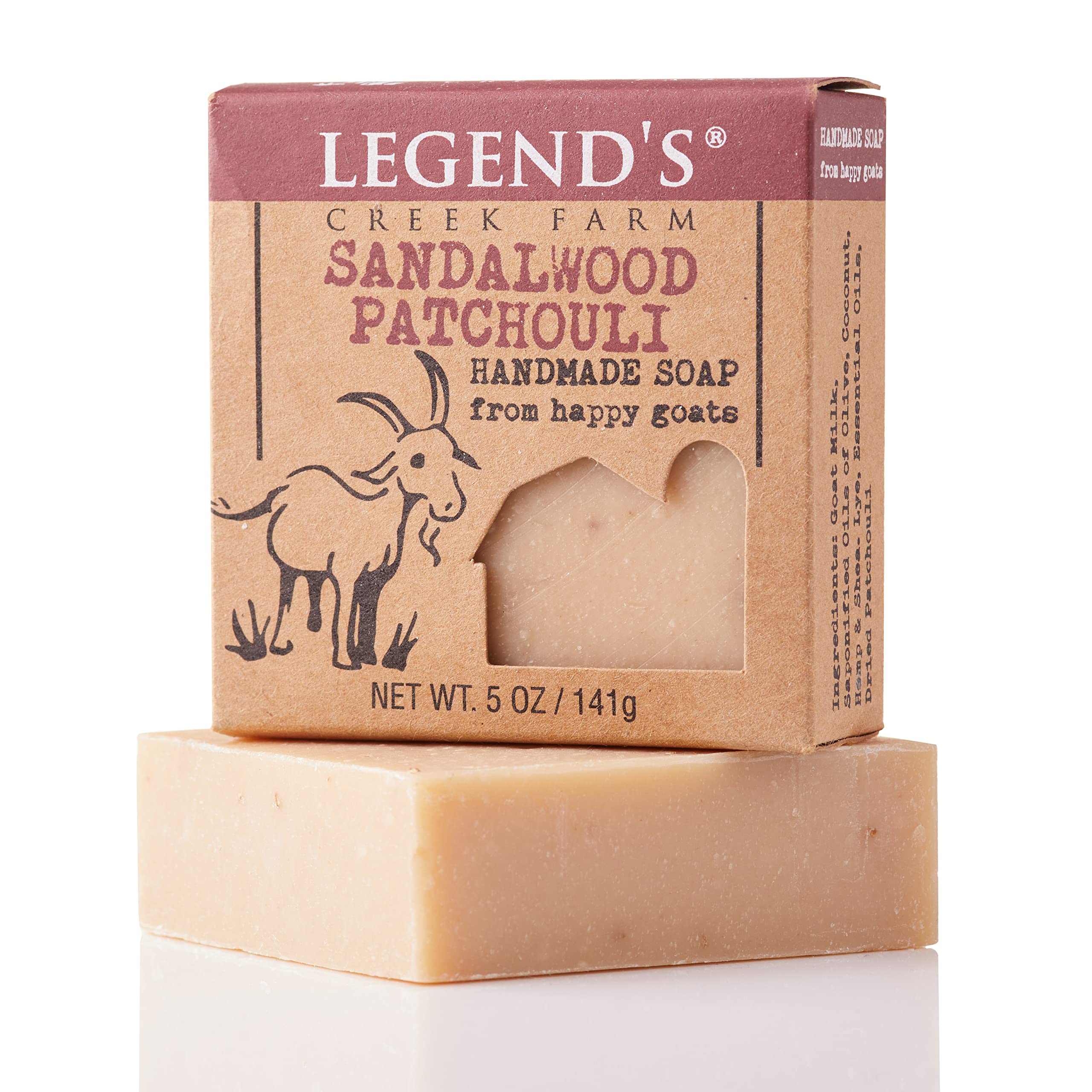 Legend's Creek Farm Goat Milk Soap - Cleansing Moisturizing Soap Bar for Hands and Body - 5 Oz Creamy Lather, Nourishing, Gentle Natural Soap for Sensitive Skin (Sandalwood Patchouli, Pack of 2)